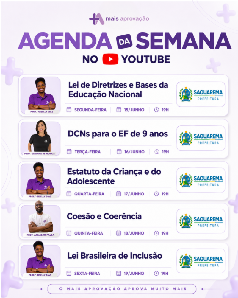 Agenda de aulas gratuitas para o Concurso de Magistério de Saquarema IBAM, de 15 a 19 de junho, às 19h