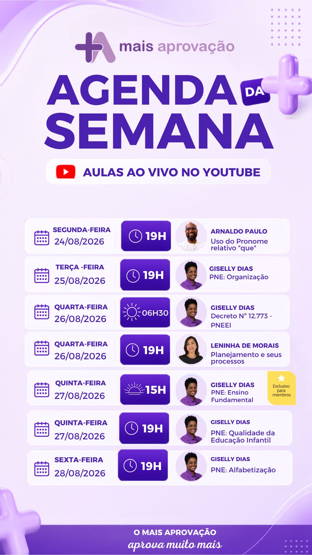 Agenda da semana Mais Aprovação com aulas ao vivo de 24 a 28 de agosto de 2026