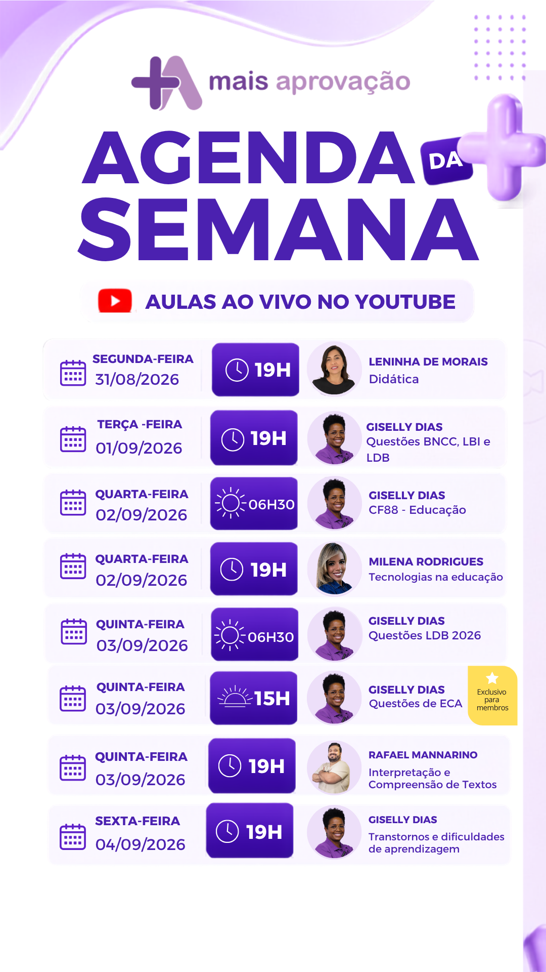 Agenda da semana Mais Aprovação com aulas ao vivo de 31 de agosto a 4 de setembro de 2026
