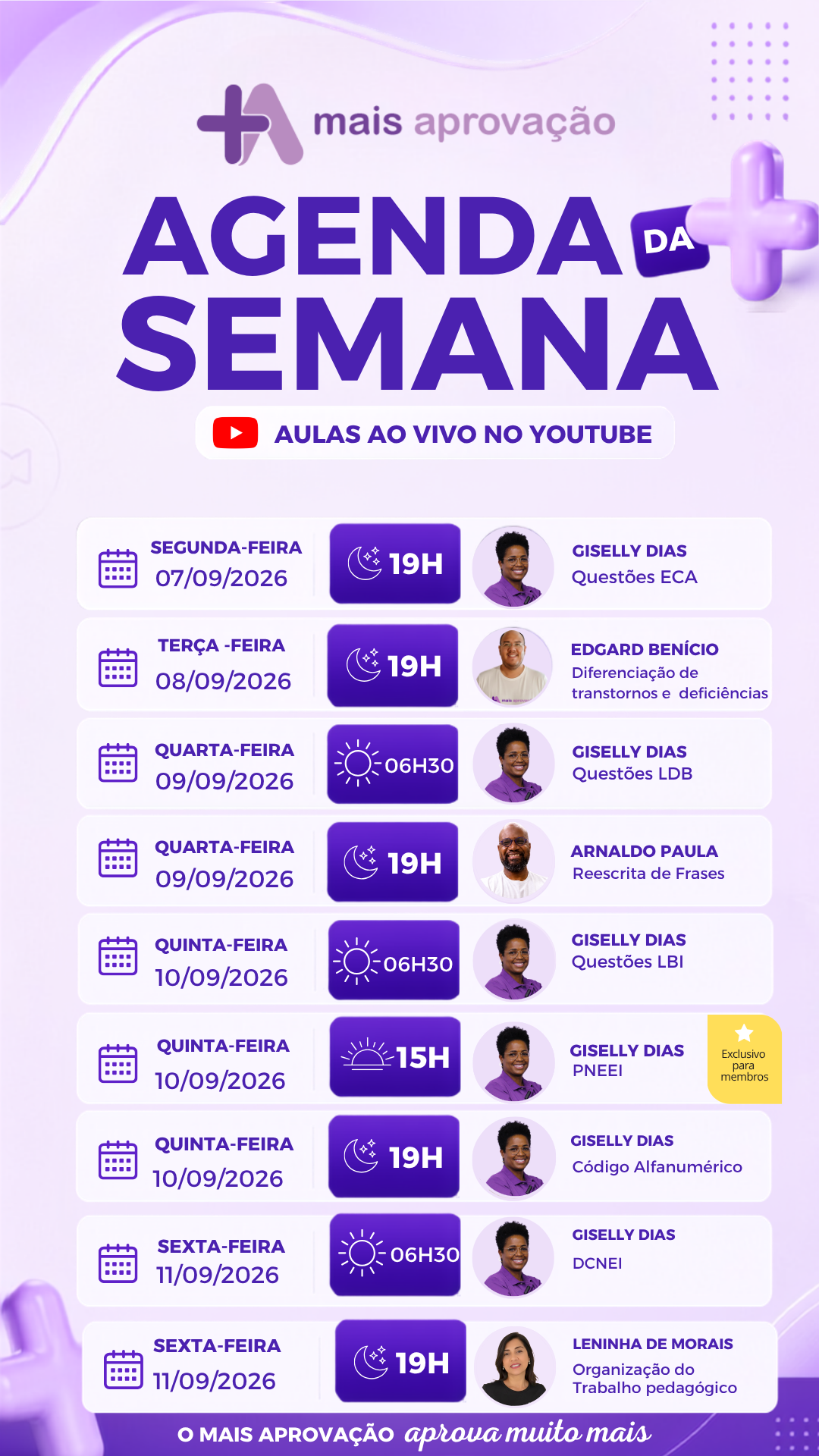 Agenda de aulas gratuitas do Mais Aprovação de 7 a 11 de setembro de 2026